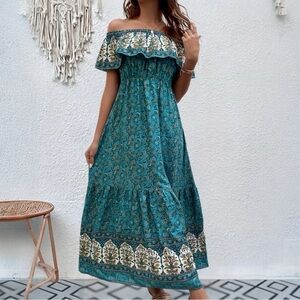 Boho Floral Print Off Shoulder Maxi Dress Medium